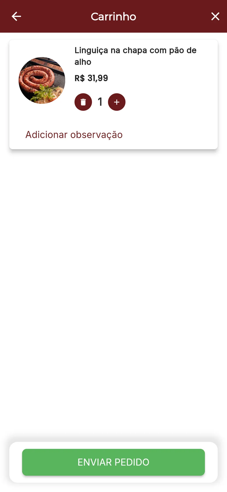 Carrinho do cliente com o botão Enviar pedido
