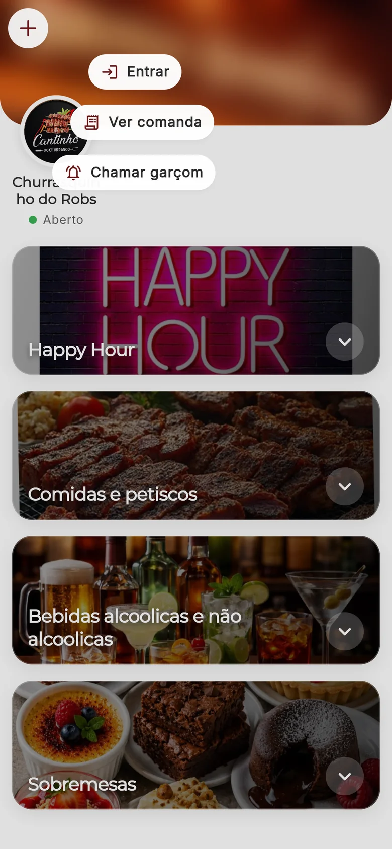 Menu do cardápio com as opções Entrar, Ver comanda e Chamar garçom