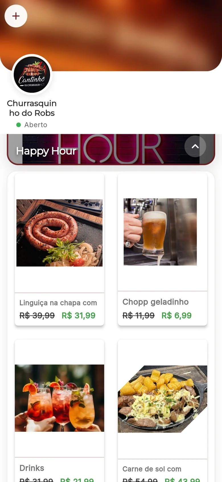 Categoria Happy Hour aberta no celular, com preços de e por