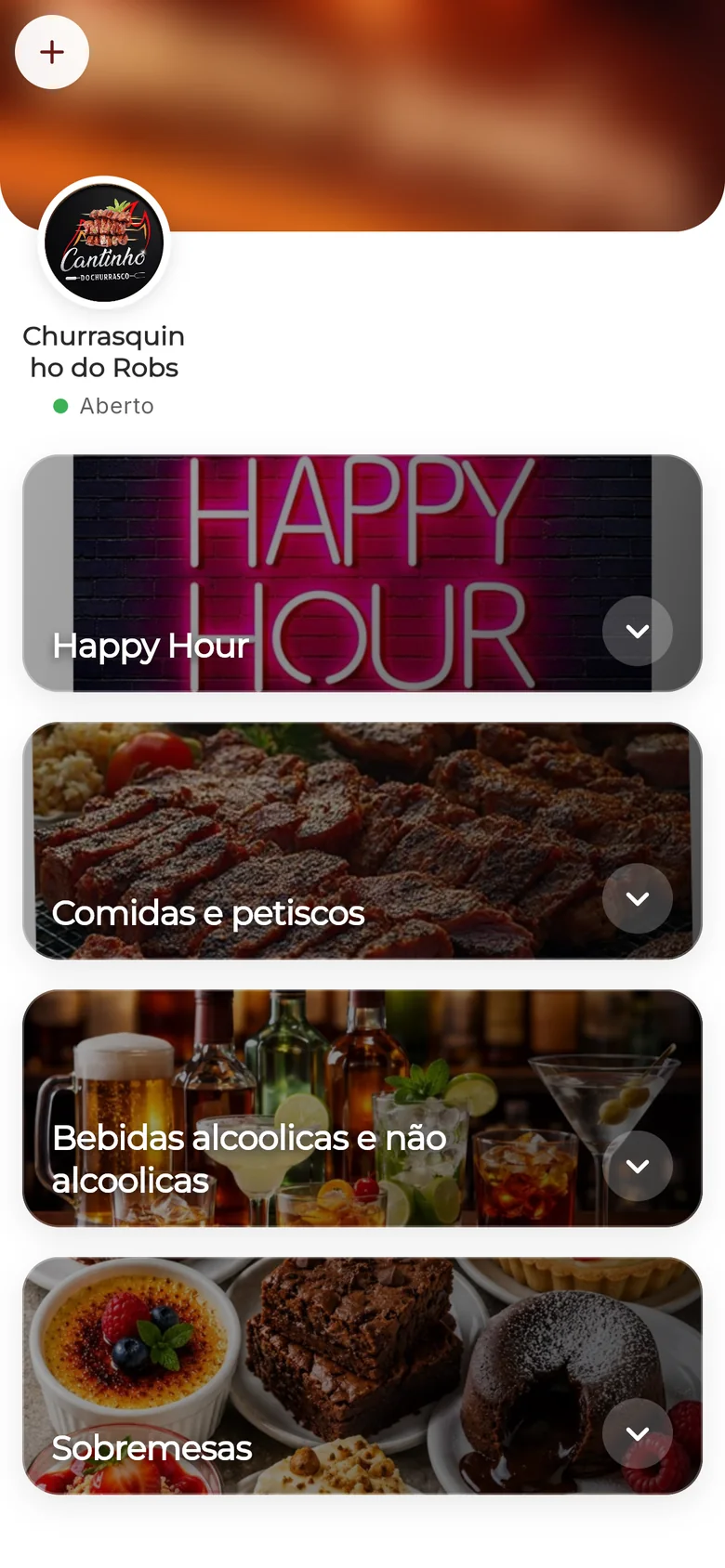 Cardápio do cliente no celular, com as categorias em fotos