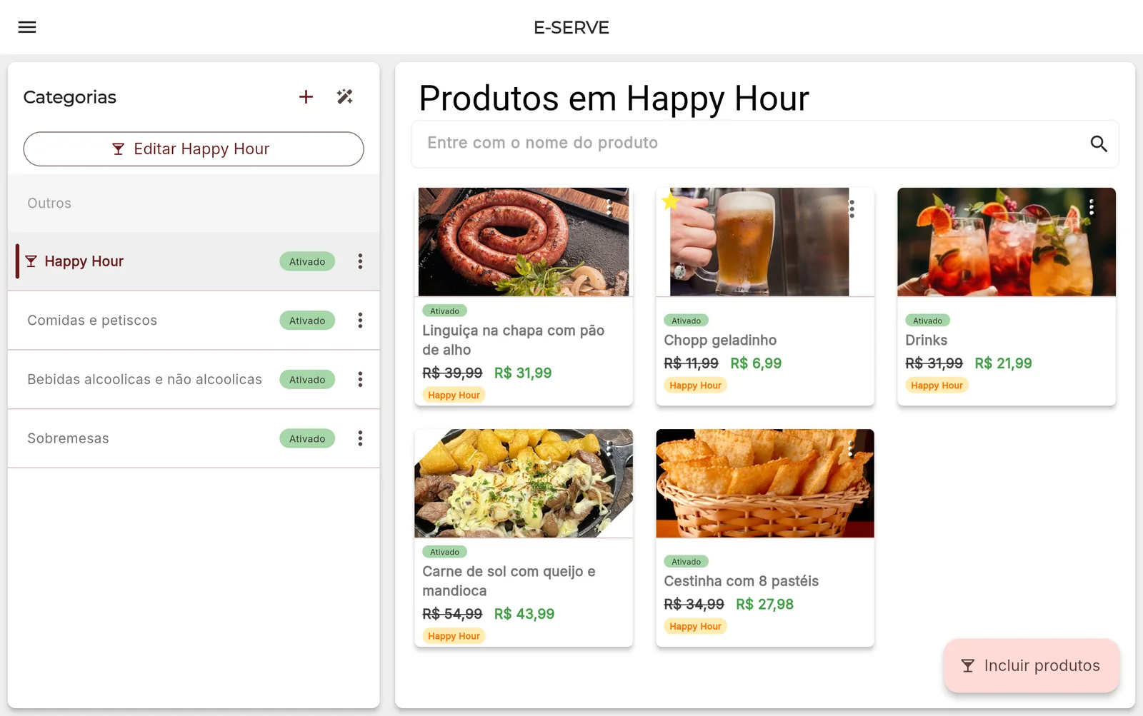 Painel da casa com a categoria Happy Hour e seus produtos